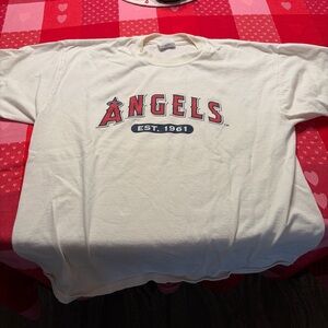 Jerzees Cream Short Sleeve Tee with Red and Blue Print